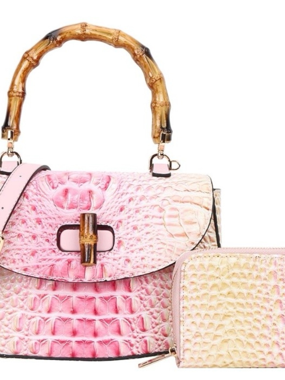 Pink Croc-Embossed Satchel with Bamboo Handle and Matching Wallet